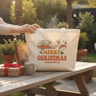 Camping Vrolijk Kerstmis Rendier Gepersonaliseerde Grote Tote Bag