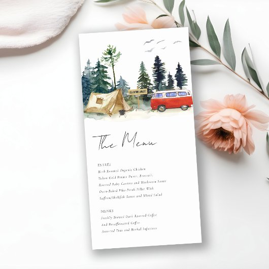 Camping Watercolor Pine Forest Mariage Menu Card