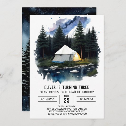 Campout Adventure Invitation Anniversaire (Devant / Derrière)