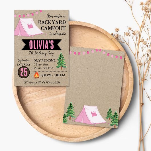 Campout fille Anniversaire Invitation Jardin Campi
