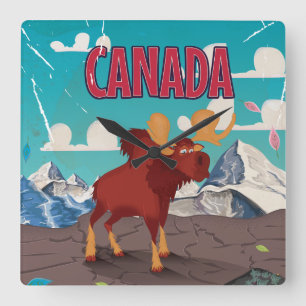 Canada Cartoon Vintage Eland Poster Vierkante Klok