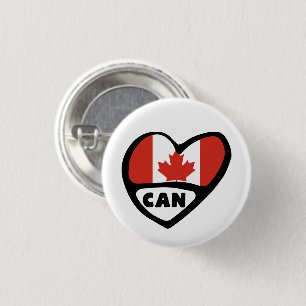 Canada Country Code Flag Heart Pin Badge, CAN Ronde Button 3,2 Cm