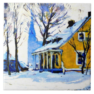 Canadees dorp, grijze dag, Clarence Gagnon kunst, Tegeltje