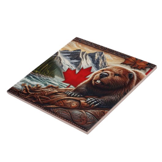 Canadees landschap met bever en esdoornblad tegeltje (Zijkant)