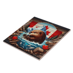 Canadese bever bouwt een dam in Autumn River Tegeltje