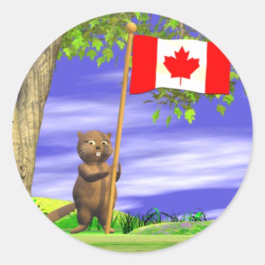 Canadese bever en vlag ronde sticker (Voorkant)