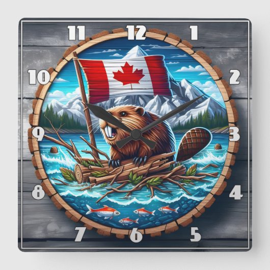 Canadese bever met vlag in berglandschap vierkante klok (Voorkant)