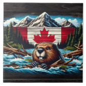 Canadese bever met vlag in bergstroom tegeltje (Voorkant)