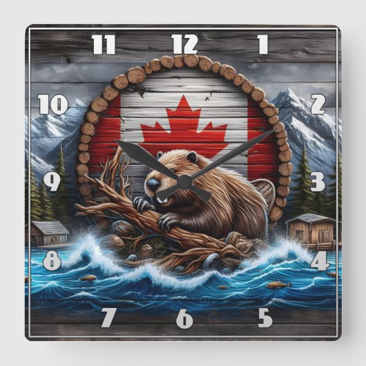 Canadese bever voor berglandschap vierkante klok (Voorkant)