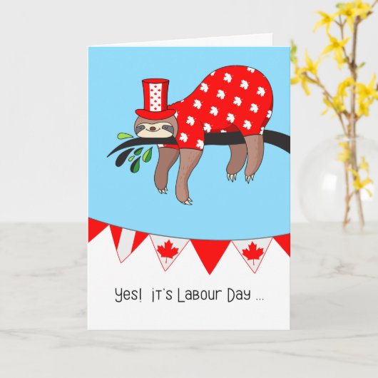 Canadese Dag van de Arbeid - Funny Sloth Relaxing Kaart (Gele Bloem)