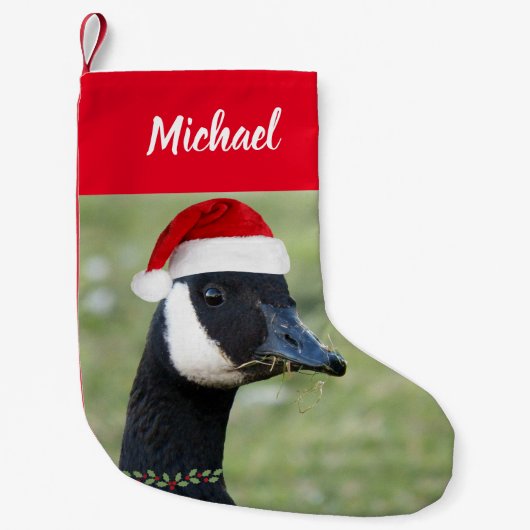 Canadese gans draagt rode kerstmuts met naam kleine kerstsok (Voorkant)