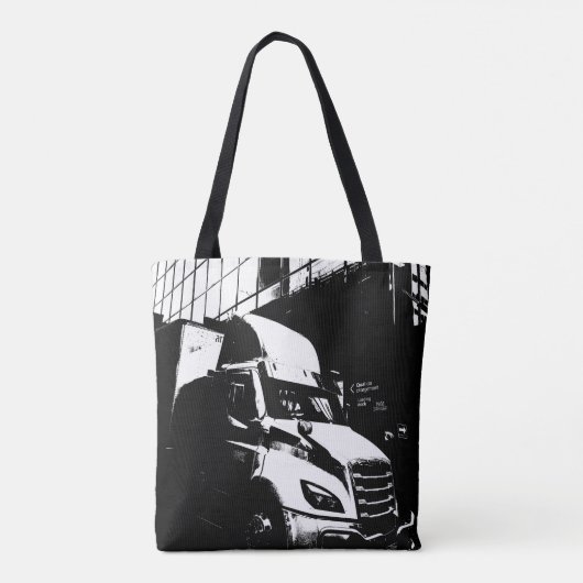 Canadese vrachtwagen in stadslandschap zwart-wit draagtas (Achterkant)
