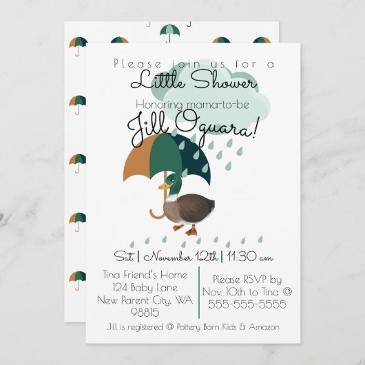 Canard avec parapluie Baby shower Invitation plat (Devant / Derrière)