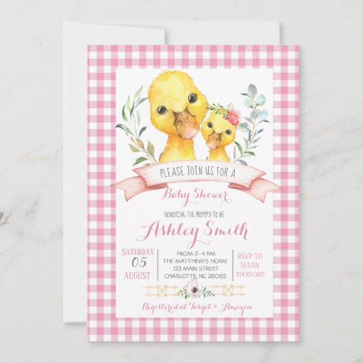 canard ferme baby shower invitation fille rose (Devant)