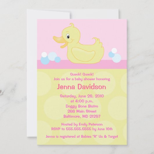 Canard jaune 5x7 Baby shower Invitation - Rose (Devant)