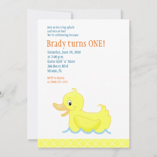 Canard jaune Invitation d'anniversaire 5x7 - Jaune (Devant)