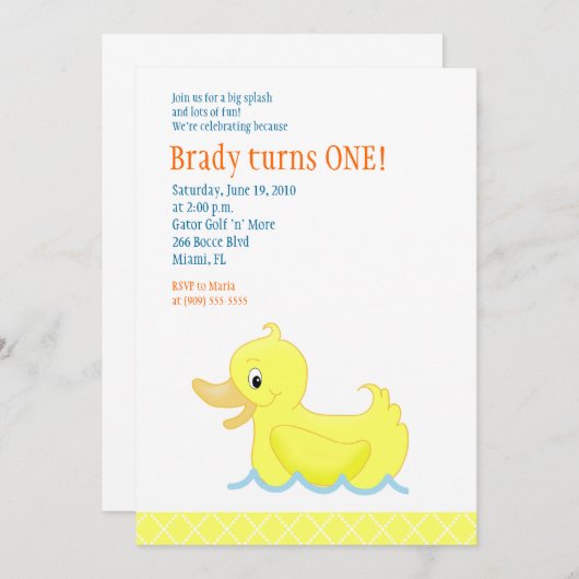 Canard jaune Invitation d'anniversaire 5x7 - Jaune (Devant / Derrière)