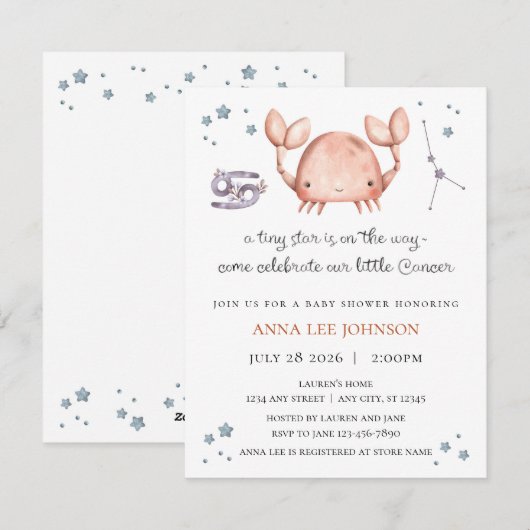 Cancer Zodiac Baby Shower Invitation (Devant / Derrière)
