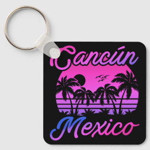 Cancun Mexico Palm Trees Retro Reizen Souvenirs Sleutelhanger