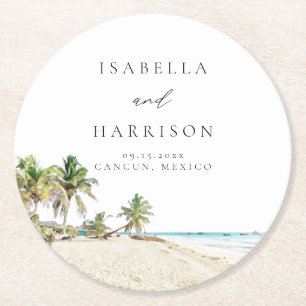 CANCUN Waterverf Beach Palm Tree Destination Ronde Kartonnen Onderzetter