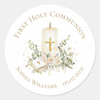 Candle Cross Bible Roses First Holy Communion Ronde Sticker