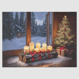 Candle Lit Yule Log Table Centerpiece Decoupage CR Tissuepapier