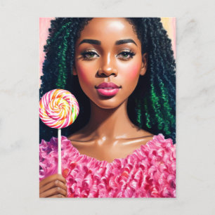Candy Black Girl en rose carte postale