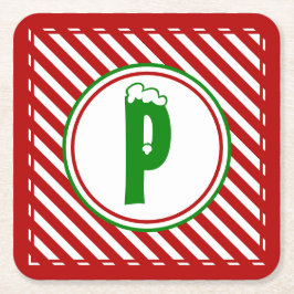 Candy Cane Basics Rood/Wit Monogram Vierkante Kartonnen Onderzetter