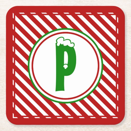 Candy Cane Basics Rood/Wit Monogram Vierkante Kartonnen Onderzetter (Voorkant)