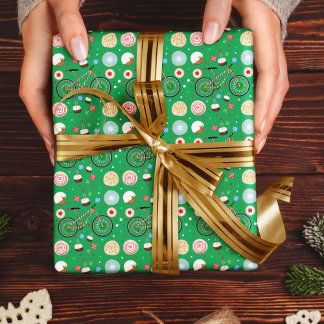 Candy Cane Bicycle with Christmas Treats Green Cadeaupapier