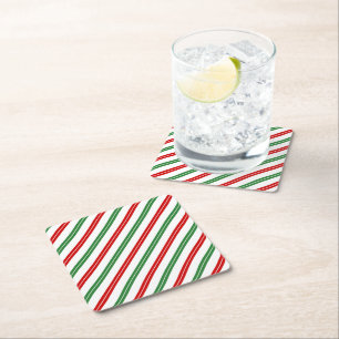 Candy Cane Christmas Stripes Rood Groen Vierkante Kartonnen Onderzetter