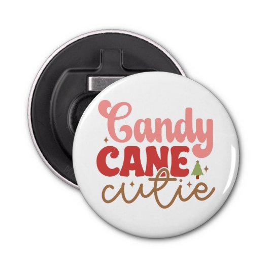 Candy Cane Cutie Retro Groovy Kerst Feestdagen Button Flesopener (Voorkant)