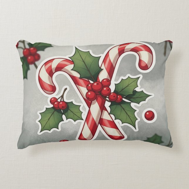 Candy Cane Duo With Holly And Berries Accent Kussen (Voorkant)