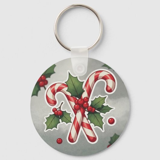 Candy Cane Duo With Holly And Berries Sleutelhanger (Voorkant)