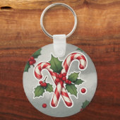 Candy Cane Duo With Holly And Berries Sleutelhanger (Voorkant)