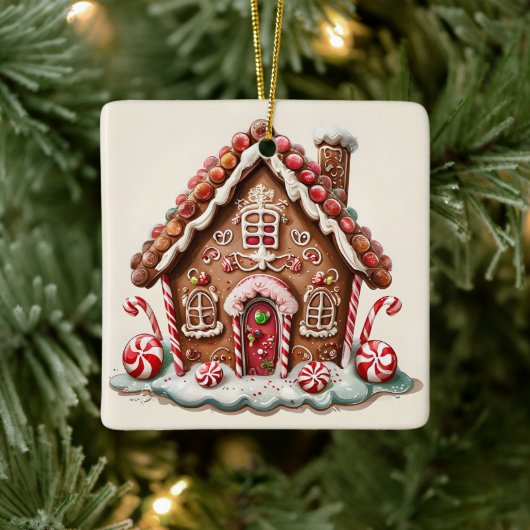 Candy Cane en Gumdrop Delight Gingerbread House Keramisch Ornament (Boom)