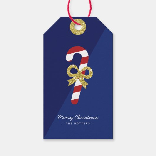 Candy Cane | Fun Christmas Blue & Gold Cadeaulabel (Voorkant)