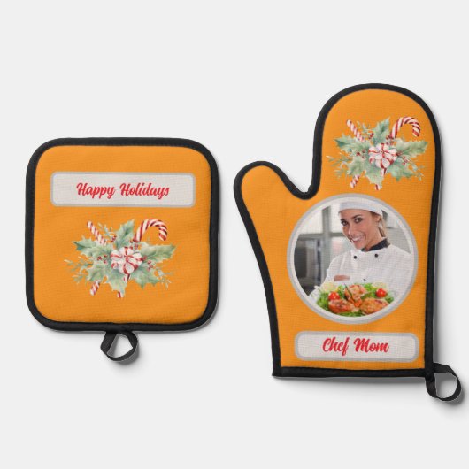 Candy Cane Gepersonaliseerde Chef Mam Foto Kerstmi Ovenwant & Pannenlap Set (Voorkant)