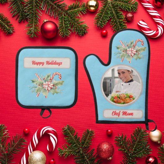 Candy Cane Gepersonaliseerde Chef Mam Foto Kerstmi Ovenwant & Pannenlap Set
