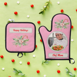 Candy Cane Gepersonaliseerde Chef Mam Foto Kerstmi Ovenwant & Pannenlap Set