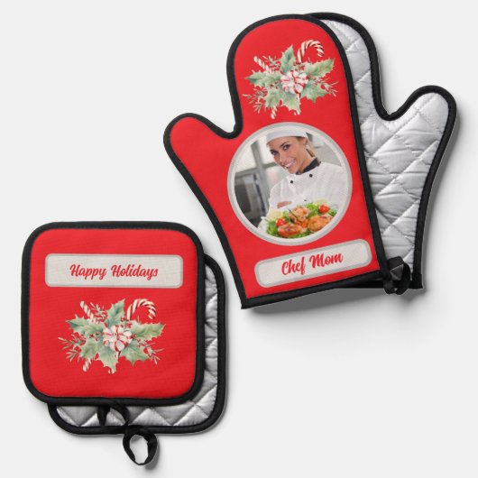 Candy Cane Gepersonaliseerde Chef Mam Foto Kerstmi Ovenwant & Pannenlap Set (Voorkant / Achterkant)