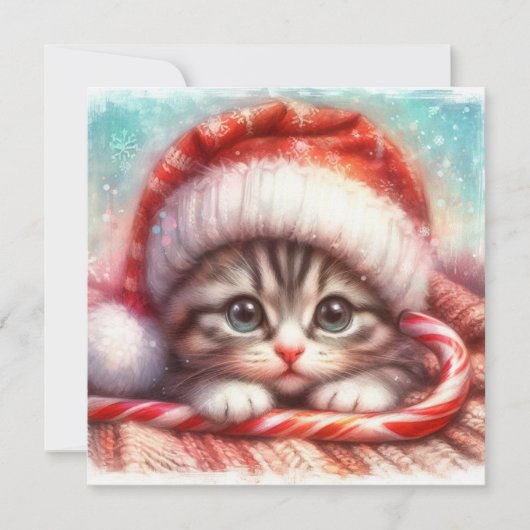 Candy Cane Grey Kitten Kerst Kaart (Voorkant)