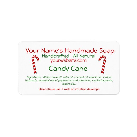 Candy Cane Handgemaakte Kerstzeep Labels Sjabloon (Voorkant)