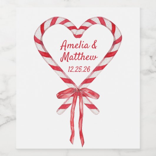 Candy Cane Heart & Bow | Aangepaste kerstbruiloft Wijn Etiket (Enkel label)
