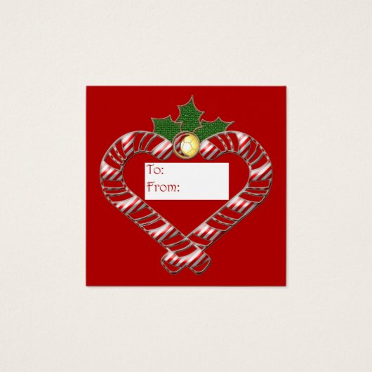 Candy Cane hearts with bell and holly on red (Devant)