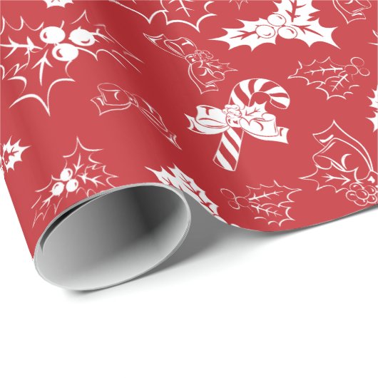 Candy Cane Holly | Rood kerstinpakpapier Cadeaupapier (Rol Hoek)