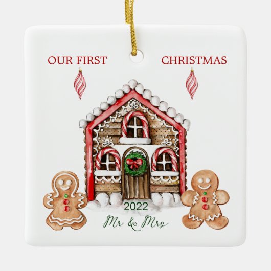 Candy Cane House Gingerbrood Kerstmis Keramisch Ornament (Voorkant)