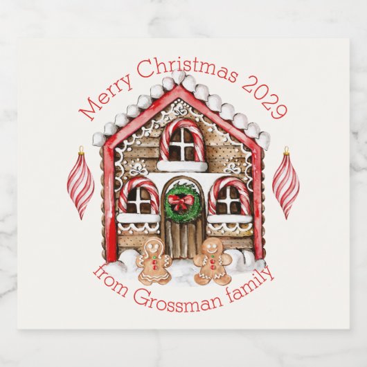 Candy cane huis, peperkoek man, vrouw kerst bier etiket (Enkel label)