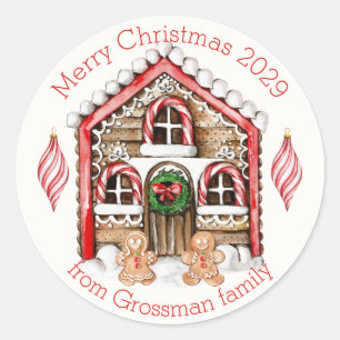 Candy cane huis, peperkoek man, vrouw kerst ronde sticker
