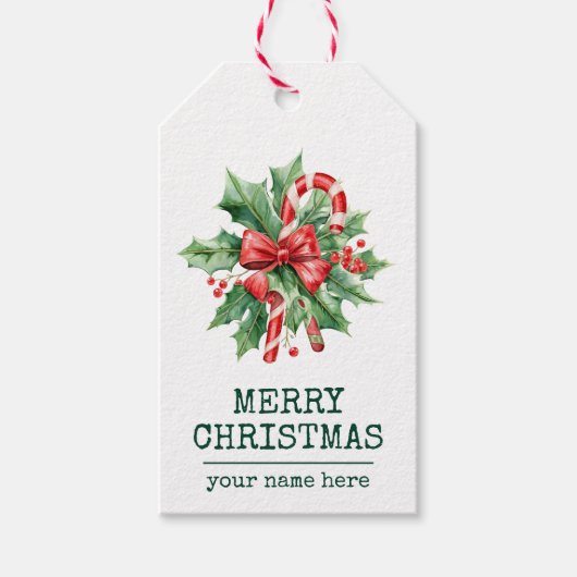 Candy Cane Merry Christmas Custom Text Dark Green Cadeaulabel (Voorkant)